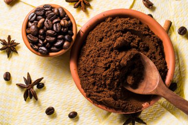 fragrant arabica coffee.Ground coffee and spices, star anise, cinnamon