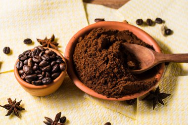 fragrant arabica coffee.Ground coffee and spices, star anise, cinnamon