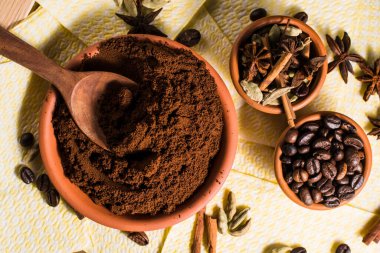 fragrant arabica coffee.Ground coffee and spices, star anise, cinnamon