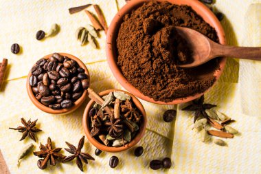 fragrant arabica coffee.Ground coffee and spices, star anise, cinnamon
