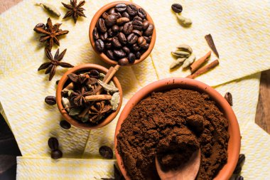 fragrant arabica coffee.Ground coffee and spices, star anise, cinnamon