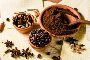 fragrant arabica coffee.Ground coffee and spices, star anise, cinnamon