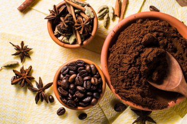fragrant arabica coffee.Ground coffee and spices, star anise, cinnamon