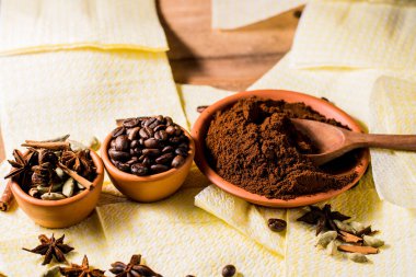 fragrant arabica coffee.Ground coffee and spices, star anise, cinnamon