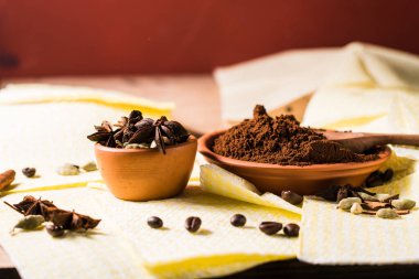 fragrant arabica coffee.Ground coffee and spices, star anise, cinnamon