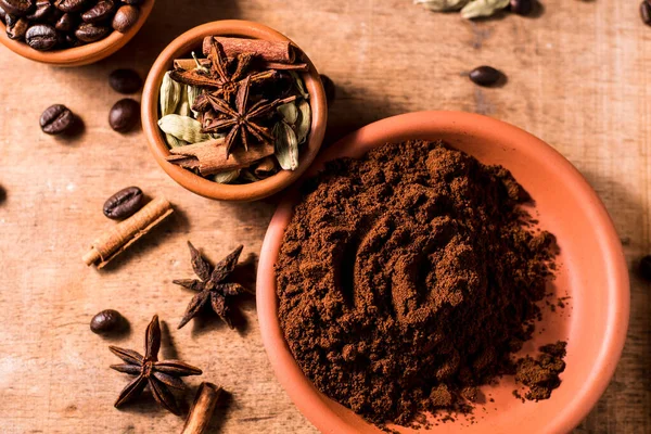 Ground Coffee Beans Seasonings Coffee Cardamom Star Anise — Stock Photo, Image