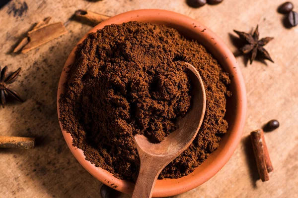 Background Ground Coffee Texture Coffee Beans Scattered Table — Stock Photo, Image