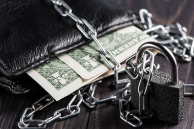 Kapalı siyah deri cüzdan, içinde dolar nakit para, bozuk para, banka kartları ve zincirli kilit. Yeşil arkaplanda düz tasarım vektör illüstrasyonu