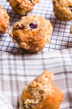 Soğutma rafında böğürtlenli kek ve kırsal peçete...