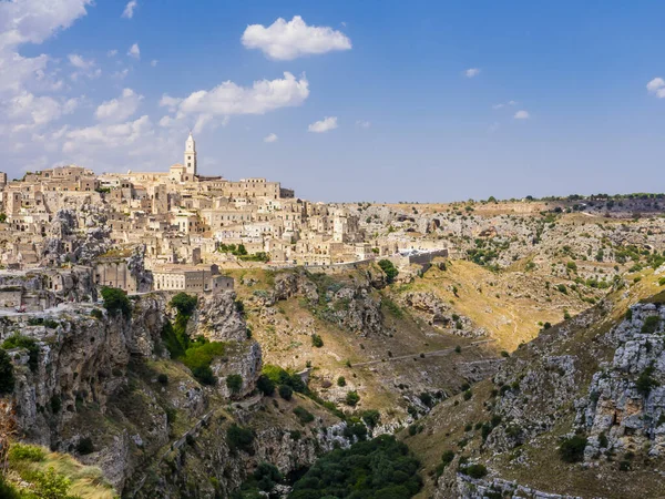 Ohromující Pohled Starobylé Město Matera Jeho Velkolepý Kaňon Basilicata Region — Stock fotografie