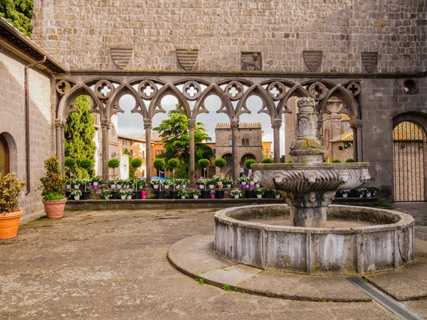 Viterbo, Papalık Sarayı 'nın Loggia manzarası ve antik çeşmesi Lazio, orta İtalya