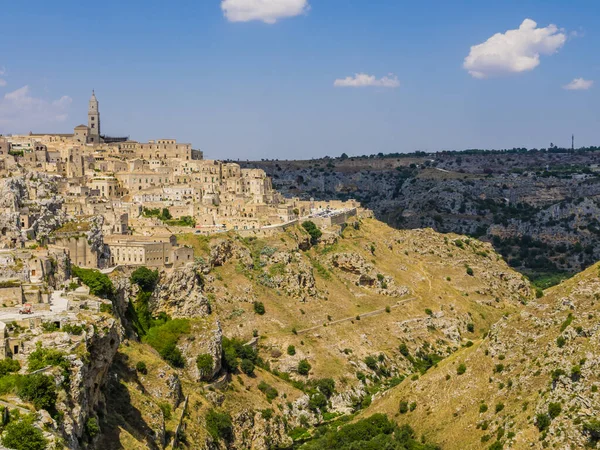 Sugestivní Pohled Starobylé Město Matera Jeho Velkolepý Kaňon Basilicata Region — Stock fotografie
