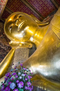 Yatan Buda heykeli, Wat Pho Tapınağı, Bangkok, Tayland, Thailand, yakın çekim