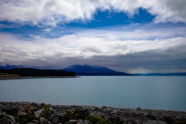 Lago Pukaki Nuova Zelanda Guardando Verso Aoraki Mount Cook Nuvola — Foto Stock