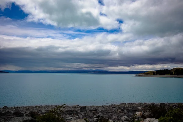 Lago Pukaki Nuova Zelanda Guardando Verso Aoraki Mount Cook Nuvola — Foto Stock