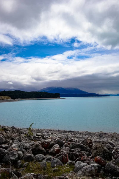 Lago Pukaki Nuova Zelanda Guardando Verso Aoraki Mount Cook Nuvola — Foto Stock