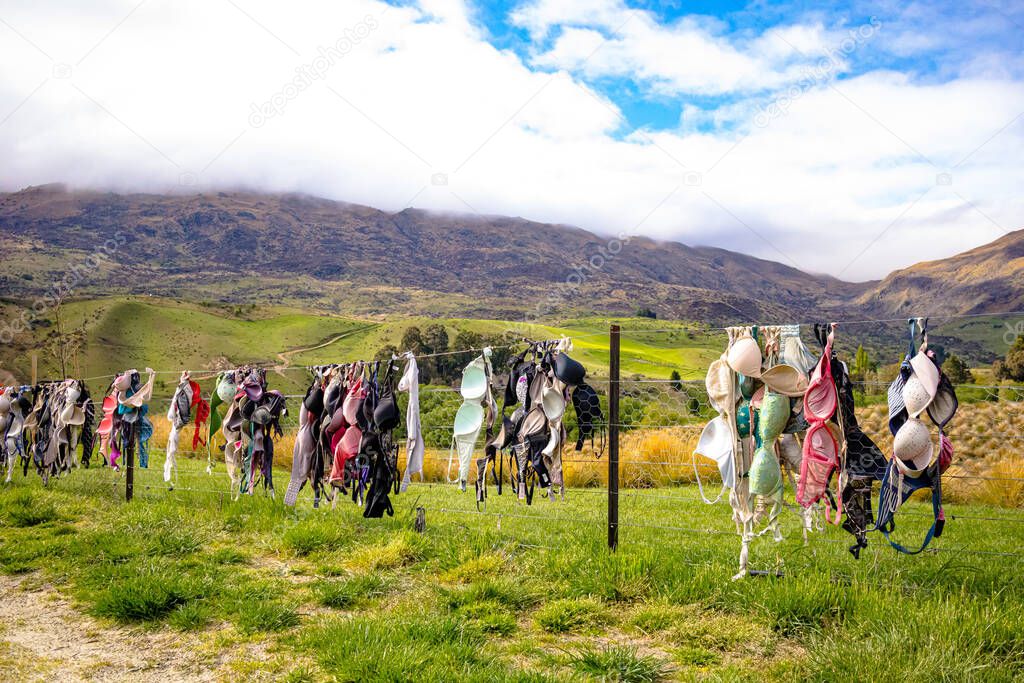 The famous Cardrona Bra Fence in Central Otago. Immediately outside the Cardrona Distillery