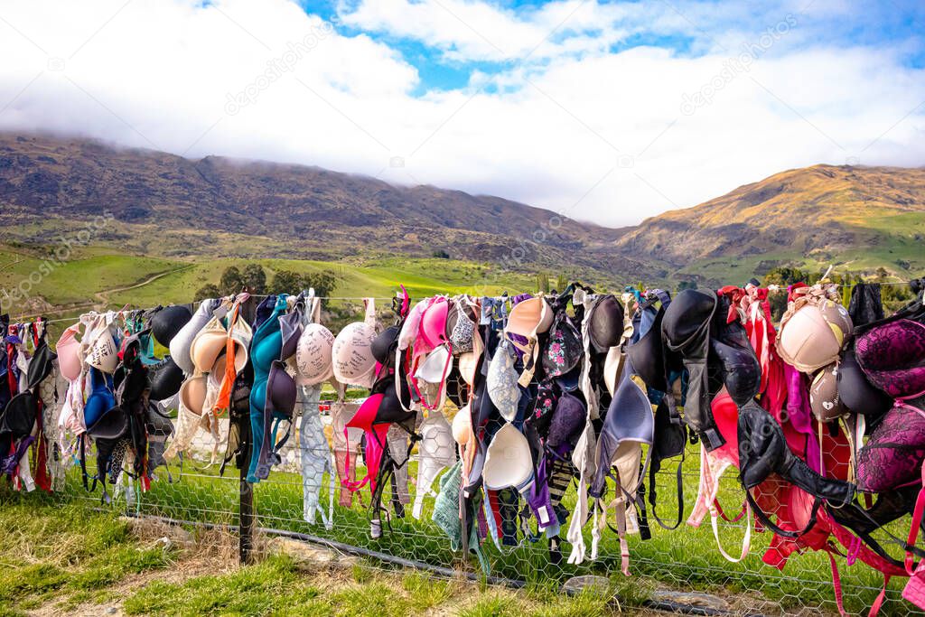 The famous Cardrona Bra Fence in Central Otago. Immediately outside the Cardrona Distillery
