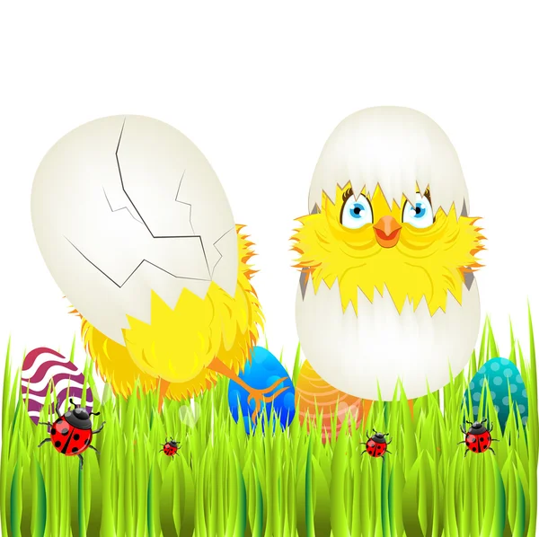 Easter chickens on grass — Stock Vector