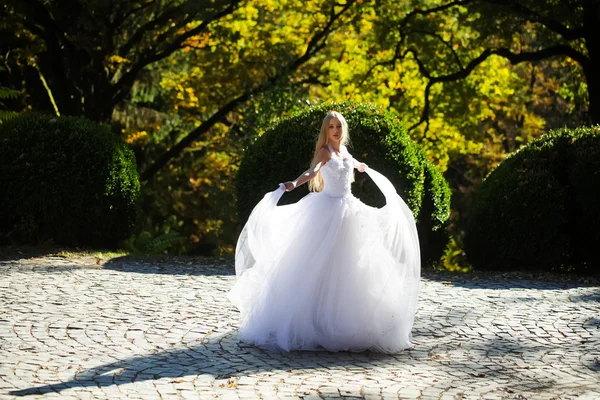 Novia en hermoso vestido al aire libre — Foto de Stock