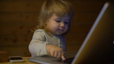 sarışın bebek bir ahşap evin içinde laptop ile çalışma