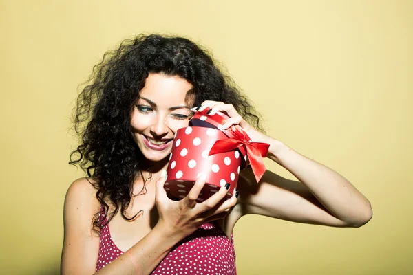 Happy cute woman with present — Stock Photo, Image