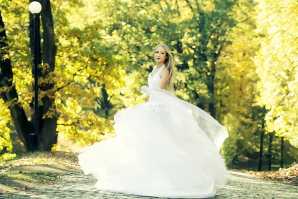 Sposa in bel vestito all'aperto — Foto Stock