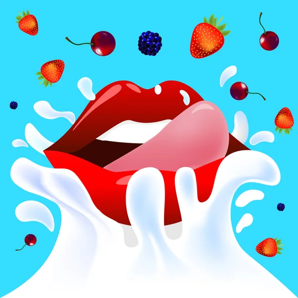 Frutas y labios salpicados — Vector de stock