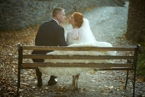 結婚式のカップルのベンチに — ストック写真