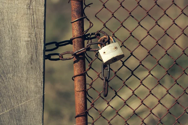 Padlock op ketting link hek — Stockfoto