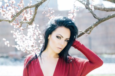 Çiçek açan kayısı kadınla