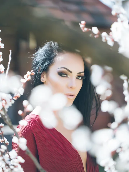 Mujer con albaricoque floreciente — Foto de Stock