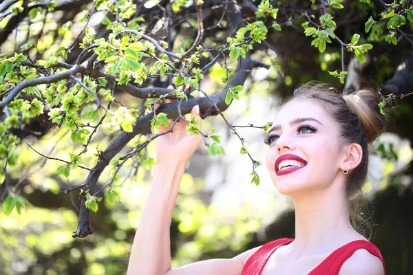 Mulher atraente com árvore de primavera — Fotografia de Stock