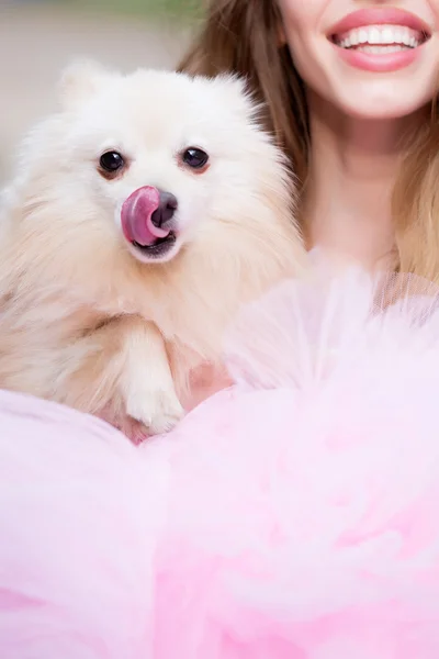 Cane carino e ragazza sorridente — Foto Stock