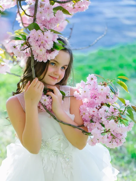 Klein meisje in de bloei van de lente — Stockfoto