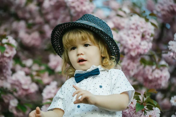 Roztomilý chlapec v růžový květ — Stock fotografie