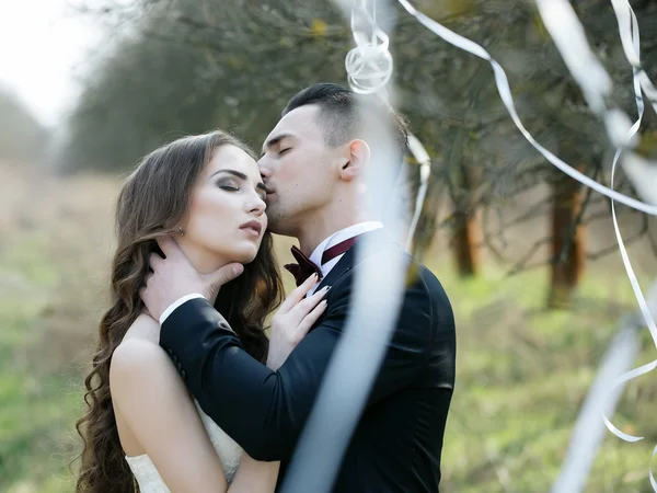 Boda pareja y cintas en el árbol —  Fotos de Stock