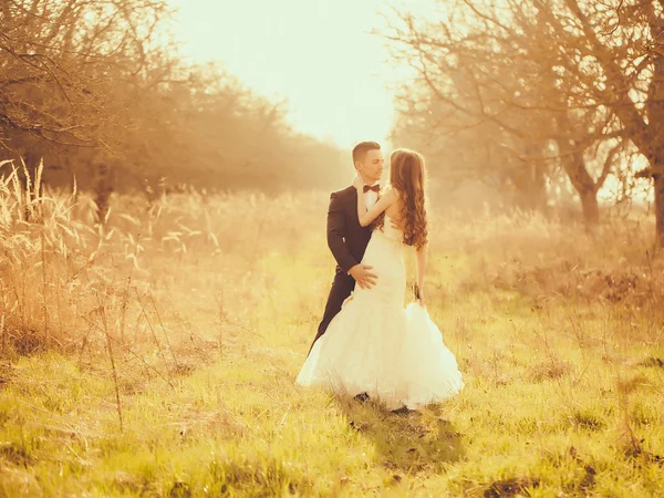 Casamento casal andando ao ar livre — Fotografia de Stock