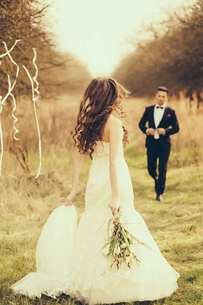 Hochzeitspaar spaziert im Freien — Stockfoto