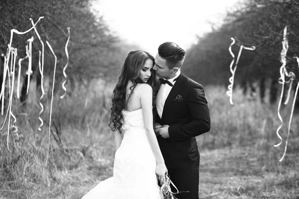 Wedding couple walking outdoor — Stock Photo, Image