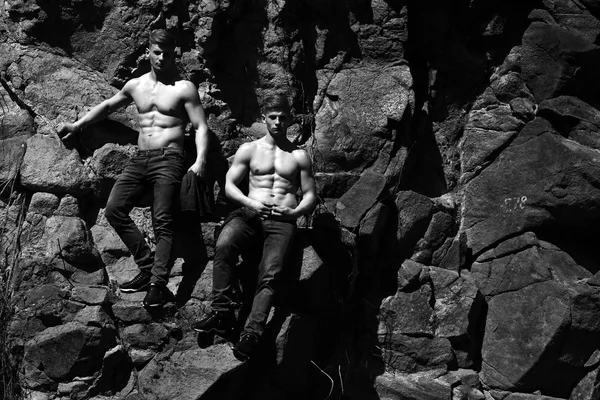 Attraente gemelli maschi su rocce — Foto Stock