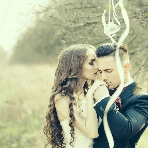 Свадебная пара и ленты на дереве — стоковое фото