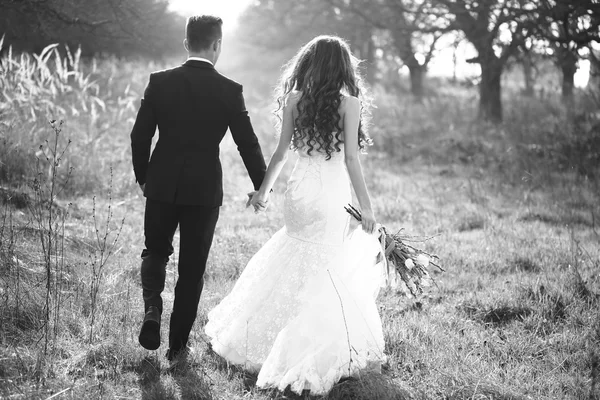 Весільна пара гуляє на відкритому повітрі — стокове фото