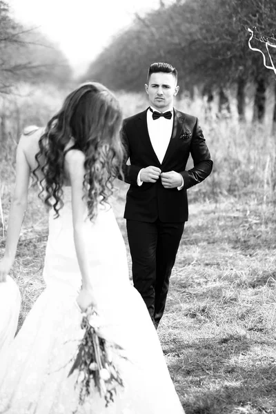 Matrimonio coppia a piedi all'aperto — Foto Stock