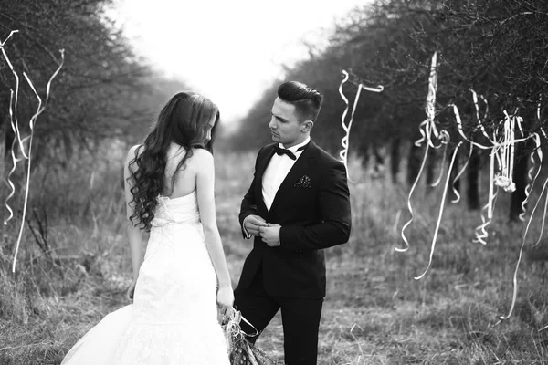 Couple de mariage marche en plein air — Photo