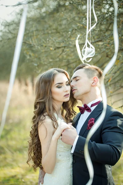 結婚式のカップルとツリーにリボン — ストック写真
