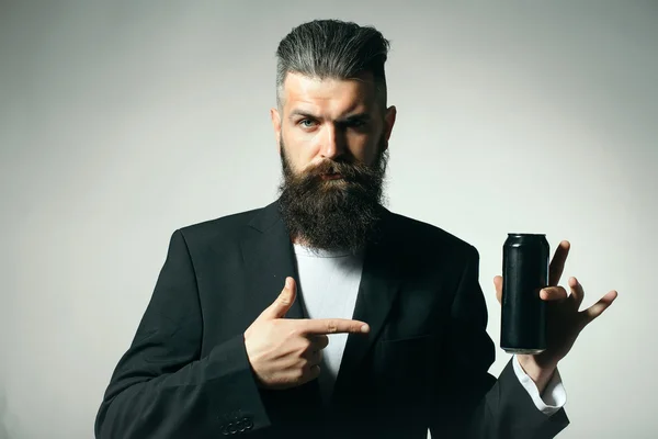 Bearded man with beer tin can