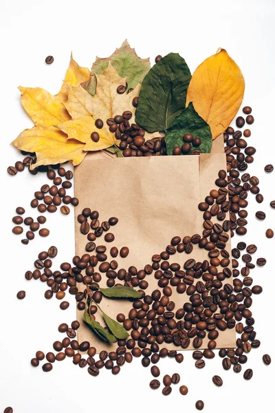 Grains et feuilles de café isolés — Photo