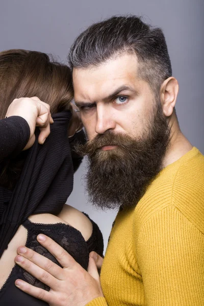 Bearded man touching female chest — Stock Photo, Image