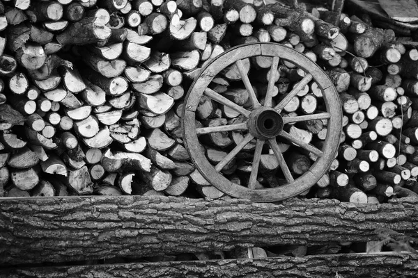Pile di legno tagliato con una ruota — Foto Stock